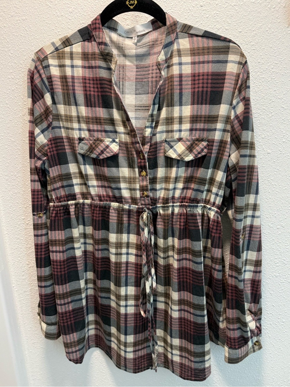 Eden & Olivia Maternity Top Womens Brown Beige Plaid 1/2 Button Tie Waist Sz(XL)